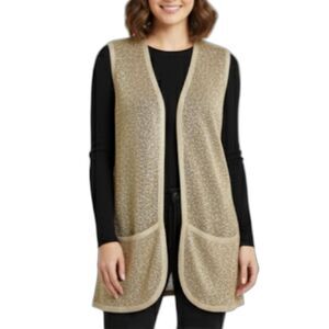 Chico's Travelers Champagne Gold Metallic Mesh Sleeveless Open Front Vest Sz 12